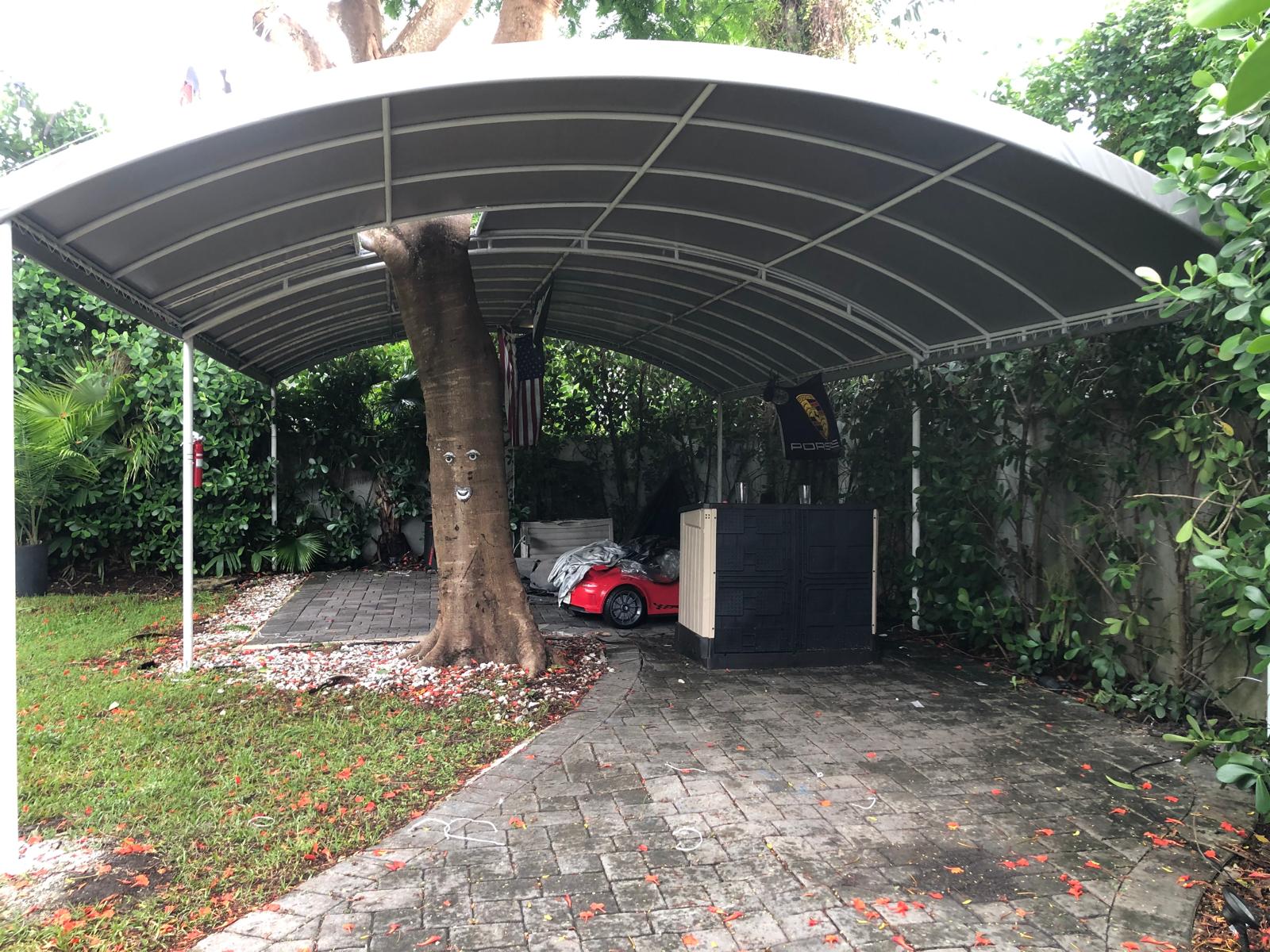 Alternate view of a carport planned around an existing tree