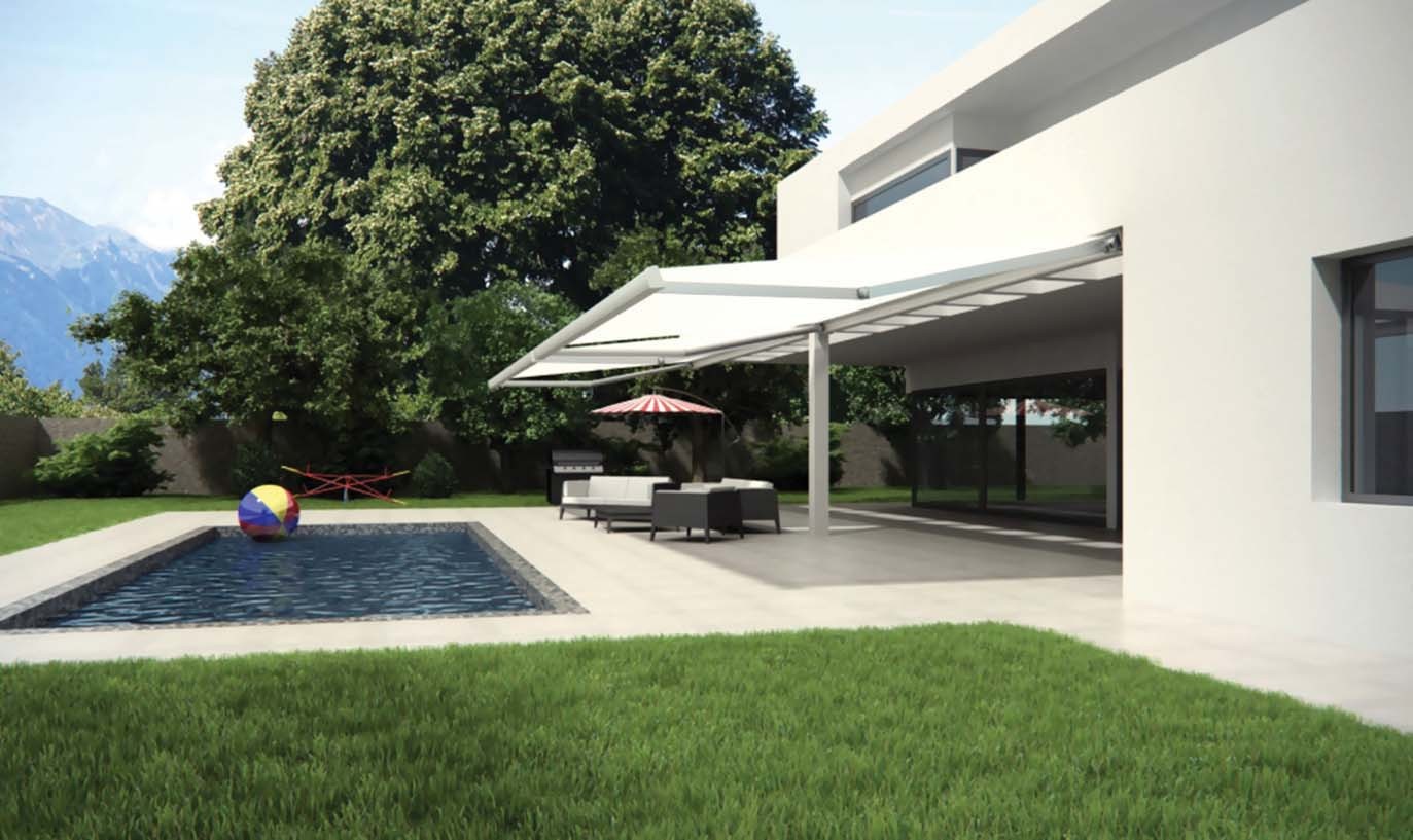 Luxor cassette awning providing shade beside a swimming pool