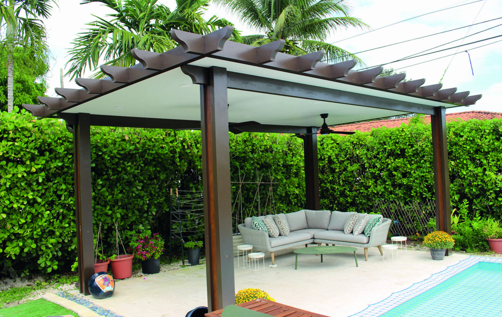 Wood-embossed aluminum pergola